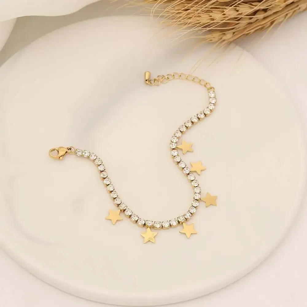 18K Gold Plated Stainless Steel Tennis Bracelet with Star Charms and Zirconia